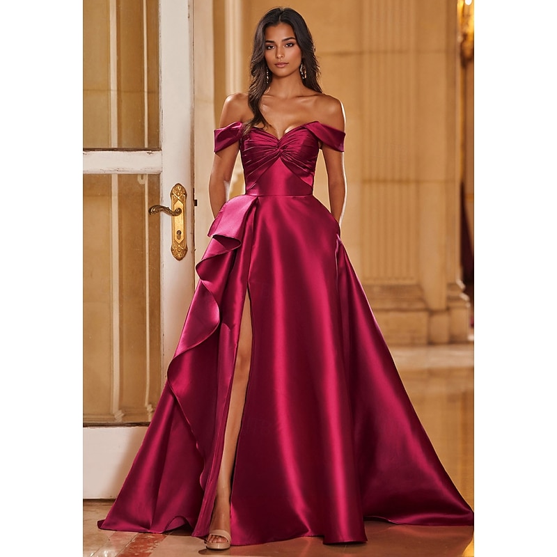 Burgundy Evening Gown Elegant Dress Formal Wedding Court Train Off Shoulder Sweetheart Stretch Satin with  Ruffles Slit and Pockets 20253