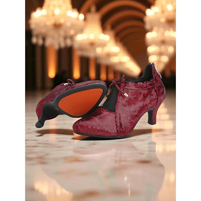 Women's Burgundy Vintage Dance Shoes - Gatsby-Inspired Lace-Up Heels with Mesh Panels for Professional Ballroom and 1920s Party Costumes3