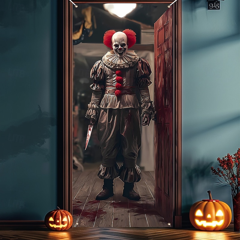 Halloween Door Cover Outdoor Banners Clown 3D Dark Punk Gothic Style Party Outdoor Shooting Backgrounds Front Door Wall Porch Home Decor3