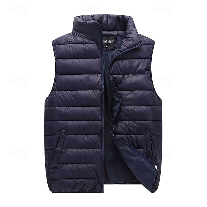 Men's Puffer Vest Vest Gilet Vacation Daily Date Fashion Casual Fall & Winter Pocket Polyester Warm Comfortable Solid Color Zipper Stand Collar Regular Fit Black Red Orange Dark Blue Vest2