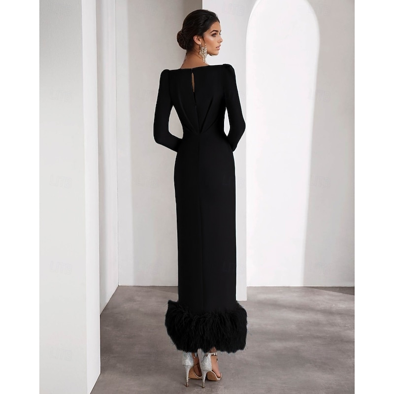 Feather Column Cocktail Formal Dresses Elegant Dress Wedding Guest Ankle Length Long Sleeve V Neck Stretch Crepe2