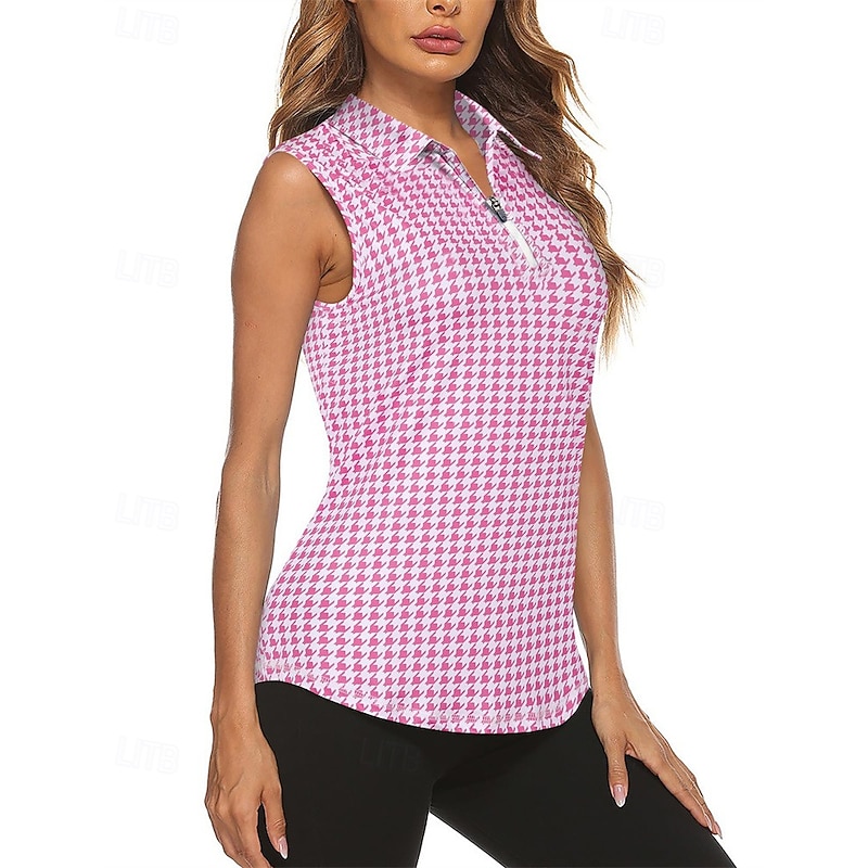 Women's Plaid / Check Sport Shirt Golf Polo Shirt Tennis Shirt Sleeveless Zipper High Elasticity Moisture Wicking Breathable Tennis Golf Pickleball Turndown Zip Collar Shirt Top Black Pink Navy Blue