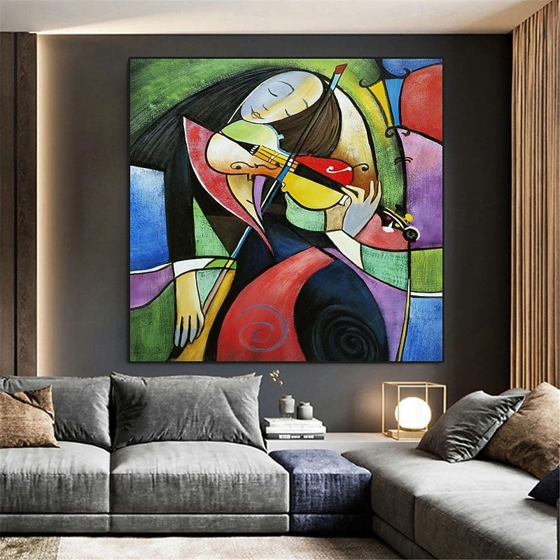 The Fiddler Portrait Oil Painting On Canvas - Handmade Cubist Musician Fine Art