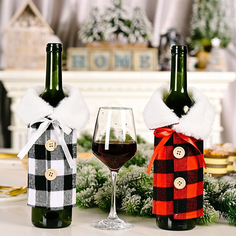 2Pcs Christmas Bottle Covers Plaid Wine , Red and Black Checkered Collar Style Wine Bottle Sleeves, Holiday Bottle Decoration