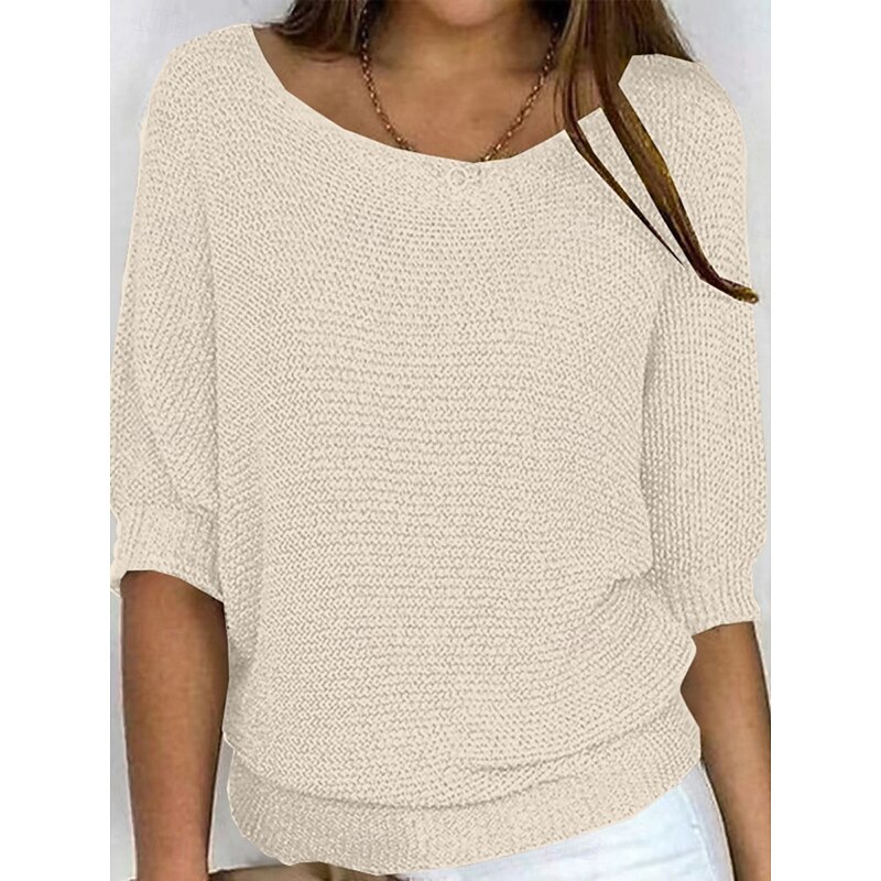 Women's Sweater Pullover Daily Stylish Casual Solid Color Ribbed Crew Neck Knitted 3/4 Length Sleeve Regular Tops Knit Outdoor Daily Black White Summer Spring2
