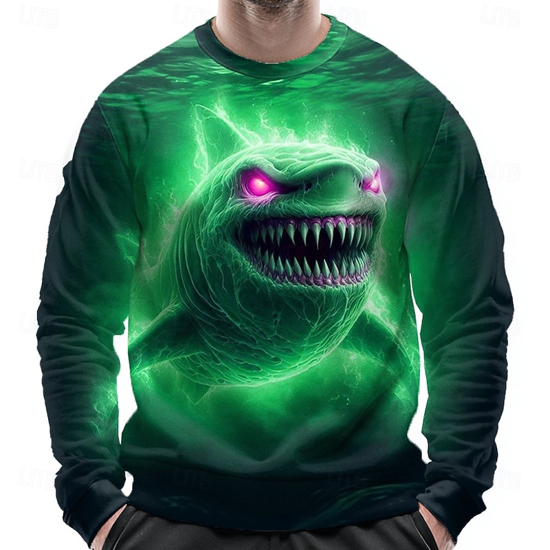 Halloween Men's Shark 3D Sweatshirt Punk Party Crew Neck Vacation Blue Green Crewneck 3D All Seasons Designer2