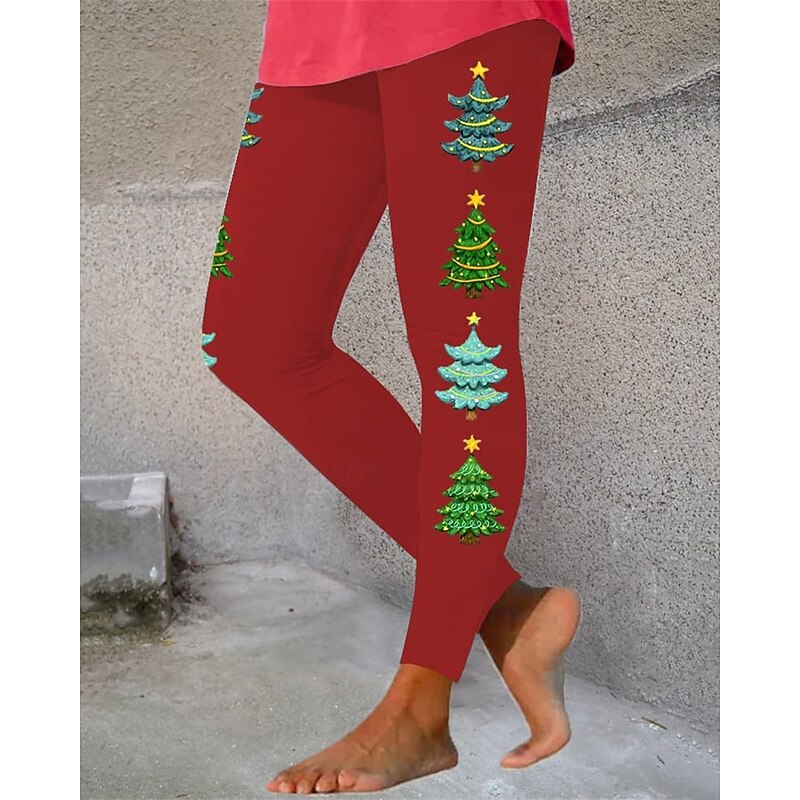 Women's Pants Trousers Leggings Cozy Leggings Streetwear Casual Full Length High WaistPantsChristmas Tree Elastic Waist Print Breathability Comfortable Stretchy Vacation Street Daily Wear Black 14