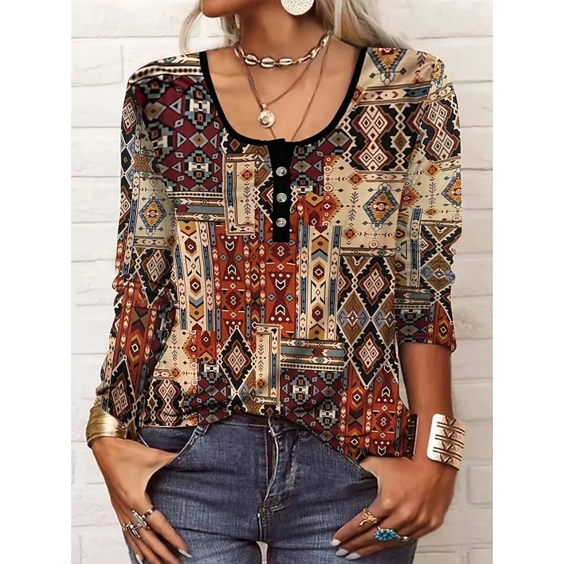 Women's Tunic T Shirt Floral Graphic Geometric Stylish Casual Boho Long Sleeve Crew Neck Regular Tops Daily Going out Weekend Black Red Orange Brown Khaki Fall Winter