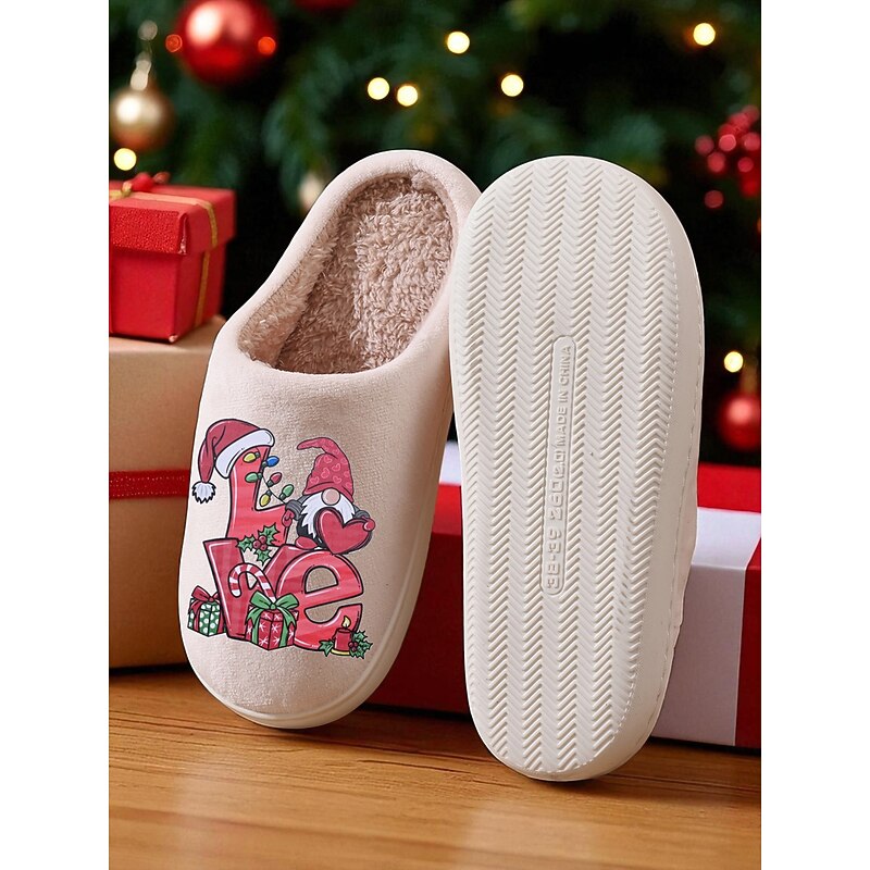 Women's Beige Christmas Slippers with Plush Lining and Festive Love Print – Cozy Indoor Winter Shoes for Holiday, Home and Gift Giving3
