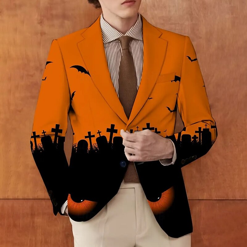 Halloween Men's Coat Blazer Outdoor Street Festival Casual Daily All Seasons 100% Polyester Bat 3D Print Buttons Comfortable Single Breasted Blazer White Purple Orange