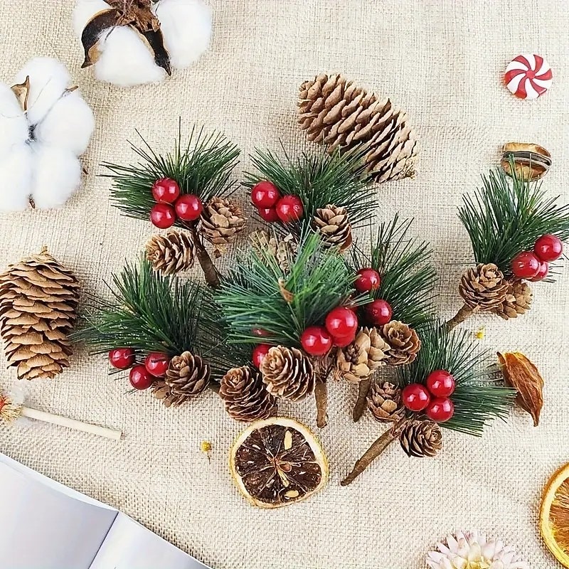 24PCS Artificial Christmas Tree Picks – Faux Pine Needles, Berry Stems, and Pinecones for DIY Wreaths, Crafts, and Holiday Tree Decorations3