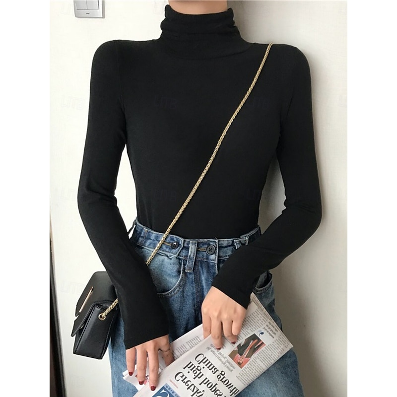 Women's Blouse Solid Color Stylish Casual Long Sleeve Turtleneck Regular Tops Daily Ruched Black White Pink Wine Blue Summer Spring Fall3