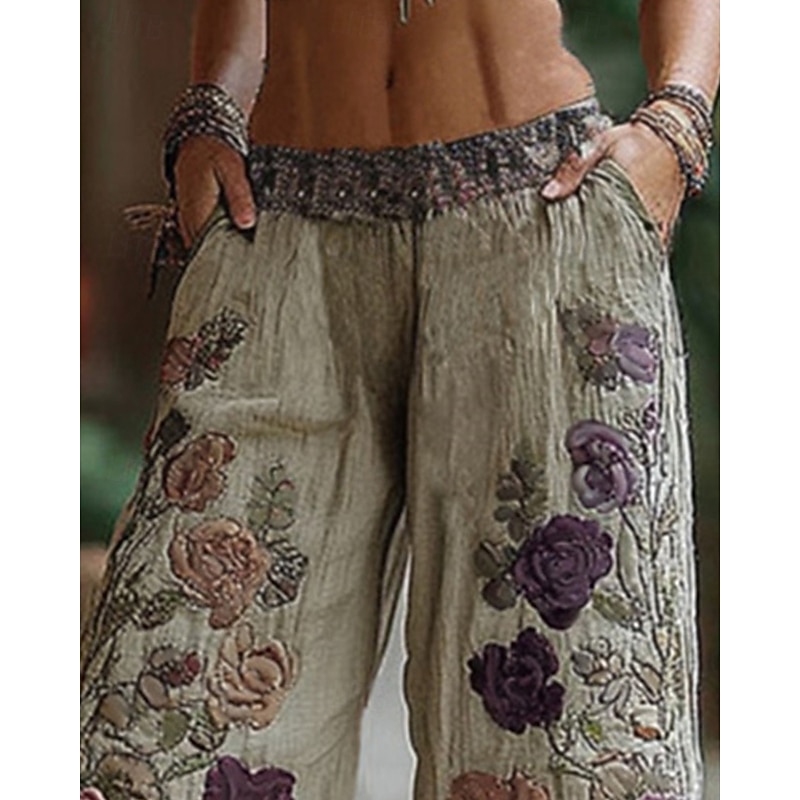 Women's Wide Leg Pants Trousers Palazzo Pants Vintage Boho Full Length High Waist Flower Elastic Waist Printing Breathability Comfortable Street Daily Wear Going out White Spring Fall Regular Fit2