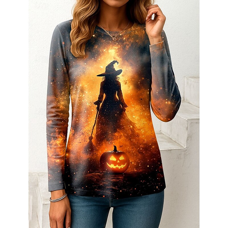 Halloween Women's T shirt Witch Long Sleeve Graphic Pumpkin Vintage Fashion Stylish Long Sleeve Crew Neck Regular Tops Daily Print Pink Blue Orange Green Fall Winter Prefall