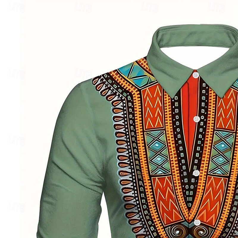 Men's Ethic / African Kente Shirt Button Up Shirt Casual Dress Shirt Long Sleeve Vintage Retro Vacation Daily Streetwear Summer Spring Turndown 3D Print Collared Shirts Green Beige3