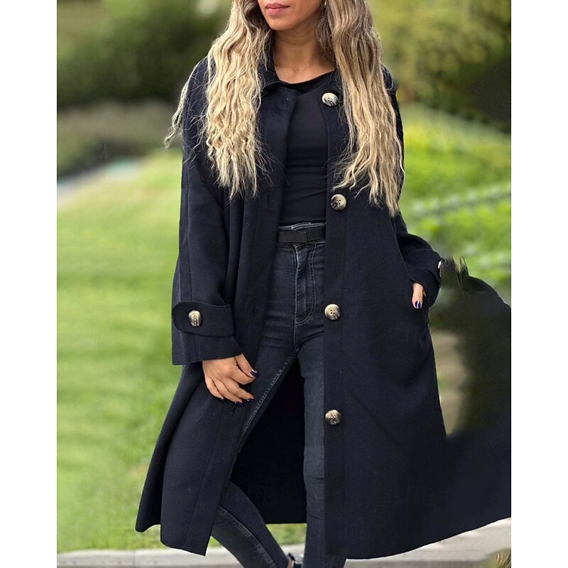 Women's Coat Warm Comfortable Pocket Buttons Fashion Plain Outdoor Vacation Single Breasted Long Turndown Regular Fit Long Sleeve Outerwear Black Yellow Pink Fall Winter2