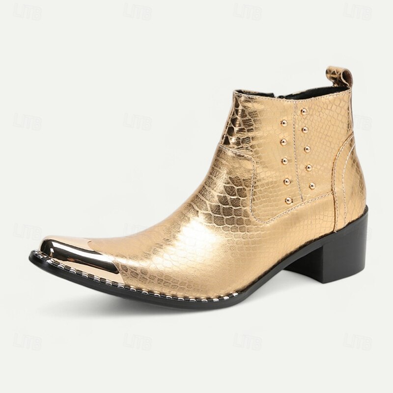 Men's Gold Crocodile Print Ankle Boots – Luxury Metallic Cowhide Zip-Up Boots with Stud Accents for Performances, Galas and Nightlife Wear3