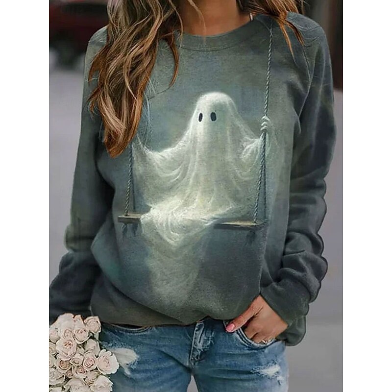 Halloween Women's Pullover Ghost Graphic Casual Long Sleeve Crew Neck Regular Tops Casual Black Brown Green Gray Fall