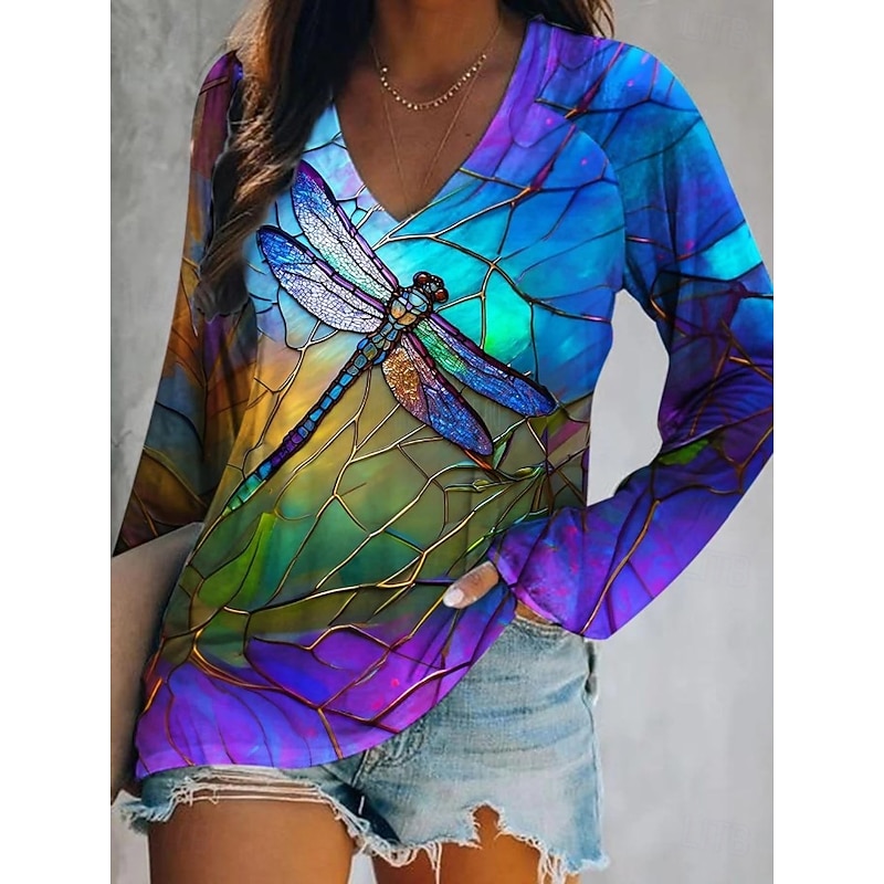 Women's T Shirt Graphic Cat Dragonfly Elegant Bohemia Vintage Long Sleeve V Neck Regular Tops Daily Going out Weekend Print Black and White Black Yellow Blue Dark Green Spring Fall