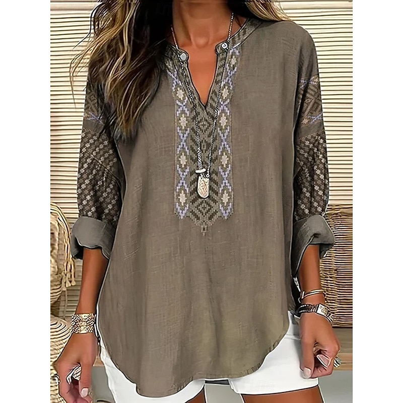 Women's Blouse Graphic Geometric Vintage Tropical Hawaiian Long Sleeve V Neck Regular Tops Daily Holiday Beach Wear Print Black Blue Camel Green Summer Spring2