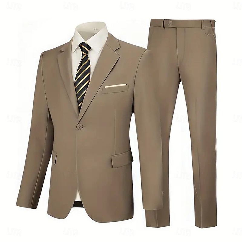 Men's Wedding Casual Business Suits Notch Lapel Brown Casual Formal Solid Colored Tailored Fit 2 Piece Single Breasted One-button
