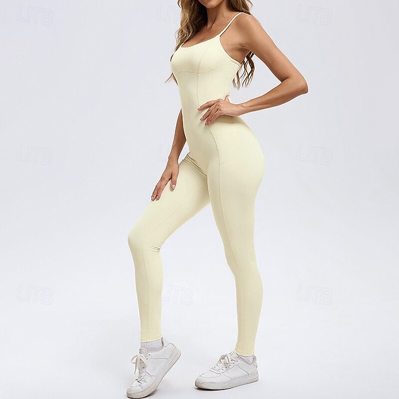 Women's Workout Jumpsuit One Piece Romper Fall Cross Back Solid Color Bodysuit rice white Coffee Gym Pilates Yoga Tummy Control Sleeveless Sport Activewear Tight Fit2