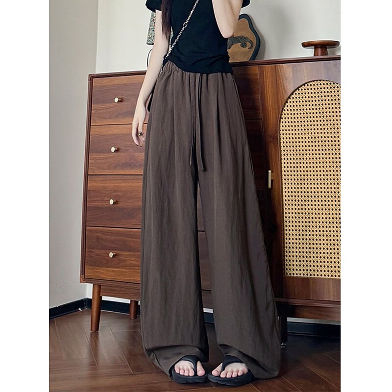 Women's Wide Leg Chinos Basic Casual Full Length High Waist Plain Pocket Elastic Waistband Comfy Soft Comfortable Stretchy Outdoor Street Black Pink Navy Blue Coffee Summer Spring Regular Fit3