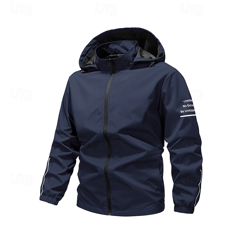 Men's Outdoor Jacket Raincoat Hoodie Jacket Hiking Jacket Vacation Daily Windproof Pocket Fall Winter Letters Fashion Classic Hooded Regular Black Green Light Grey Dark Blue Jacket2