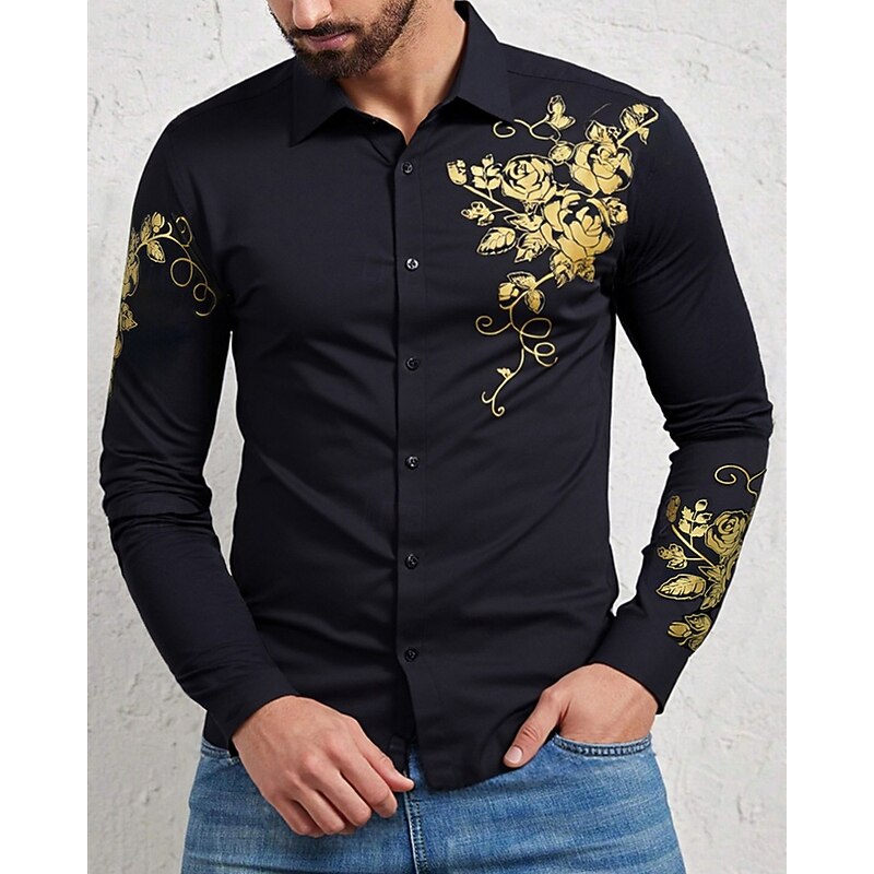 Men's Shirt Summer Shirt Casual Shirt Beach Shirt Button Up Shirt Black Long Sleeve Floral Lapel Vacation Hawaiian Bronzing Clothing Apparel Polyester Fashion Casual Comfortable