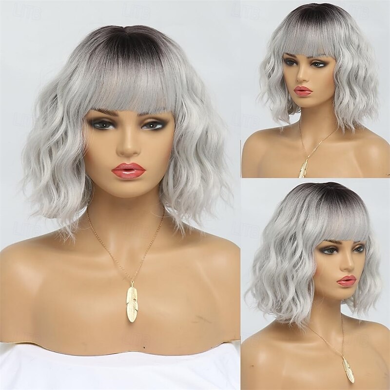 Short Silver Wigs for Women Ombre Grey Wavy Bob Wig with Bangs Medium Length Synthetic Hair Water Wave Dark Roots Wig Gray Colorful Wigs2
