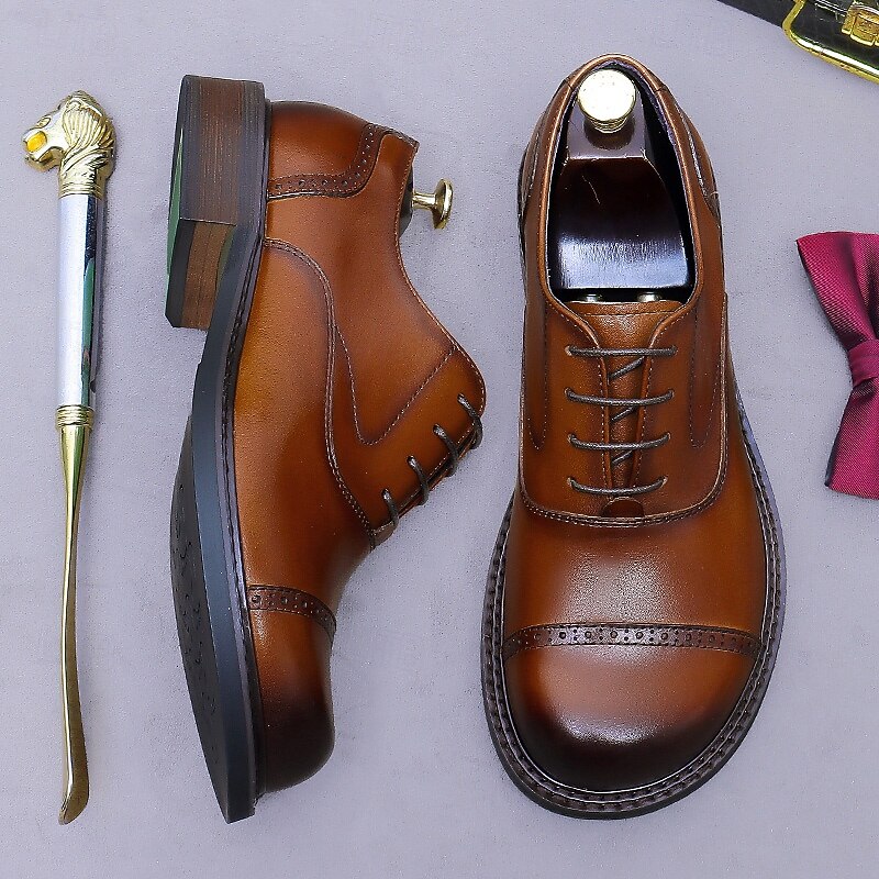 Men's Genuine Leather Oxford Cap Toe Dress Shoes- First Layer Cowhide Formal Lace-Up Classic Business Shoes for Office, Weddings, and Professional Attire3