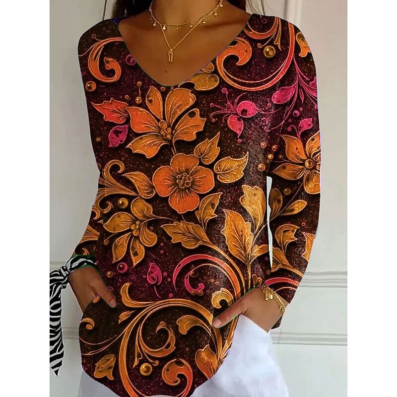 Women's T Shirt V Neck Long Sleeve Tunic Floral Graphic Plants Vintage Stylish Classic Regular Tops Daily Print Blue Purple Orange Spring Fall3