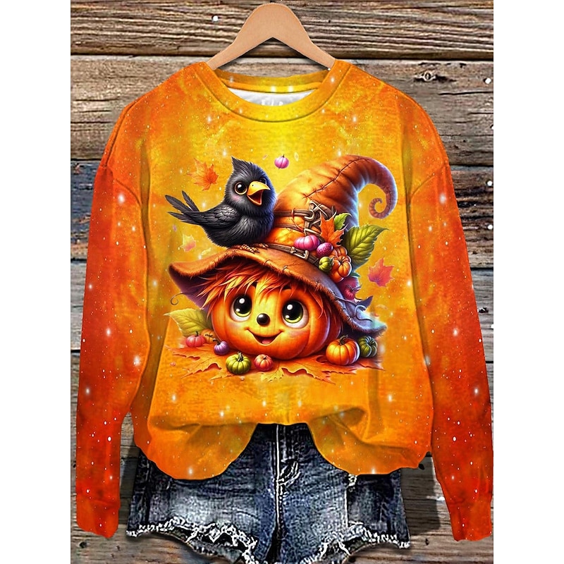 Halloween Women's Sweatshirts Bat Graphic Fashion Casual Long Sleeve Crew Neck Regular Tops Street Dailywear Casual Print Black Yellow Pink Fuchsia Orange Fall Winter2