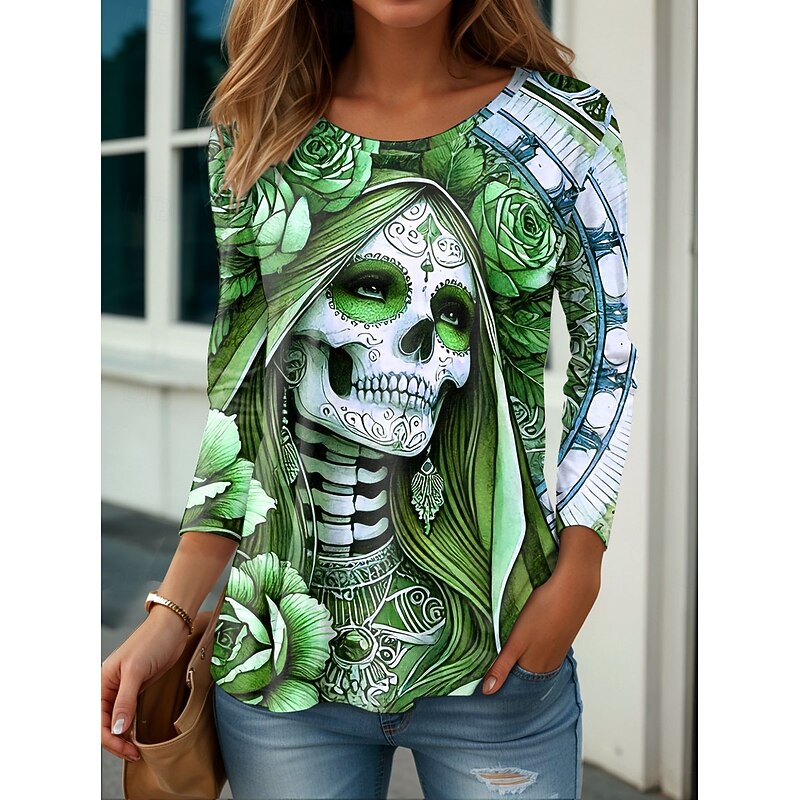 Halloween Women's T Shirt Skulls Floral Graphic Vintage Stylish Classic Long Sleeve Crew Neck Regular Tops Daily Print Blue Purple Orange Green Gray Spring Fall Winter3