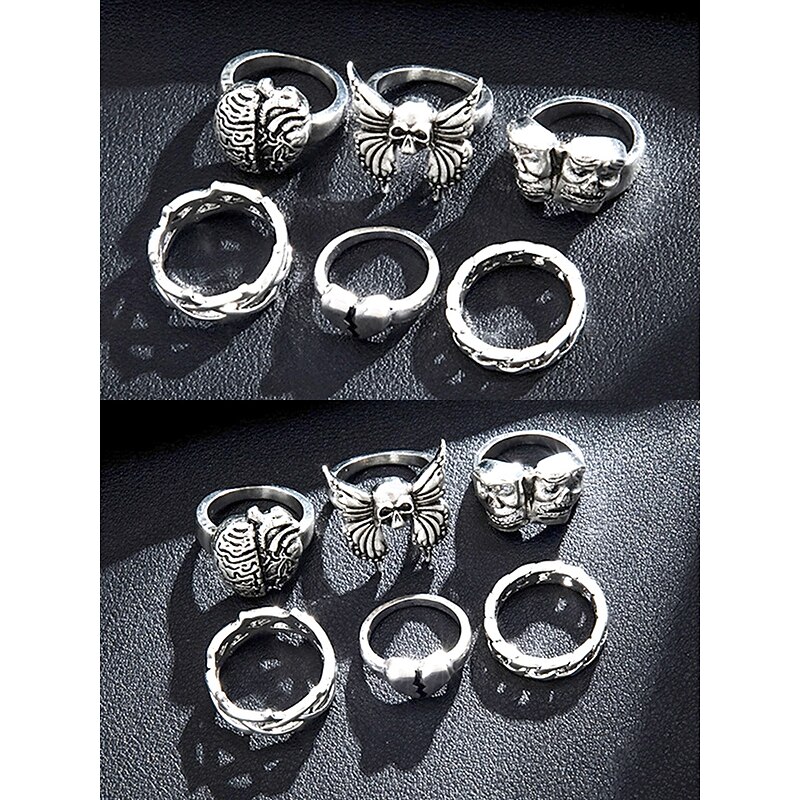 Men's Halloween Gothic Ring Set - with skull, Brain, Butterfly and chain designs, Stackable punk knight jewelry for men and teen boys, Perfect for costume parties, Cosplay, Concerts and nights out4