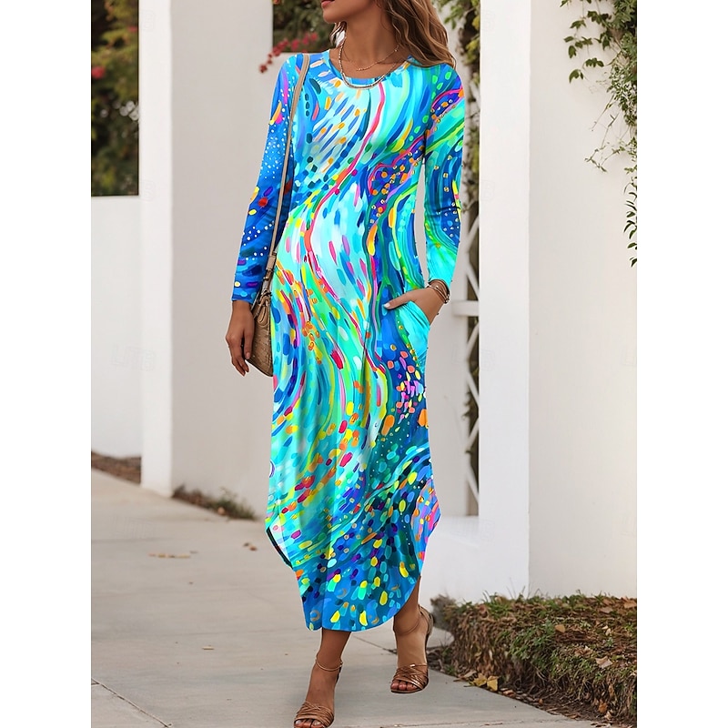 Women's Maxi Dress Sheath Dress T Shirt Dress Tee Dress Vacation Casual Daily Regular Fit Graphic Geometric Abstract Long Sleeve Crew Neck Red Blue Purple Green Summer Spring Fall