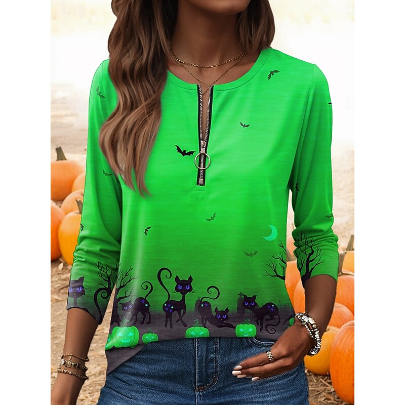 Halloween Women's T shirt Pumpkin Graphic Vintage Casual Long Sleeve Round Neck Regular Tops Daily Weekend Zipper Print Blue Purple Orange Green Fall Winter2