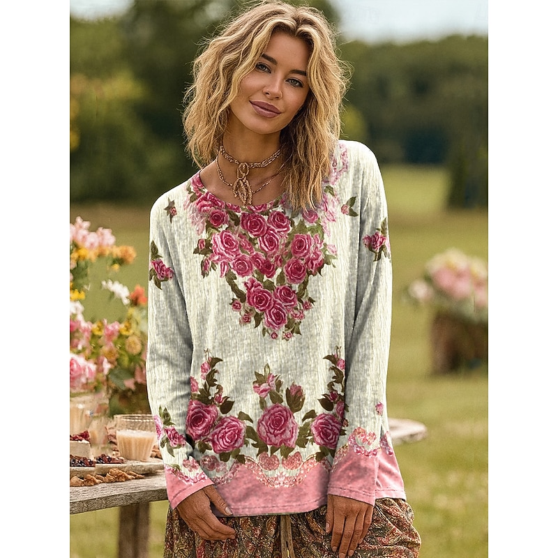 Women's Plus Size T Shirt Floral Color Gradient Oil painting flowers Basic Long Sleeve Crew Neck Regular Tops Daily Going out Weekend Print Pink Red Blue Purple Green Spring Fall Prefall3