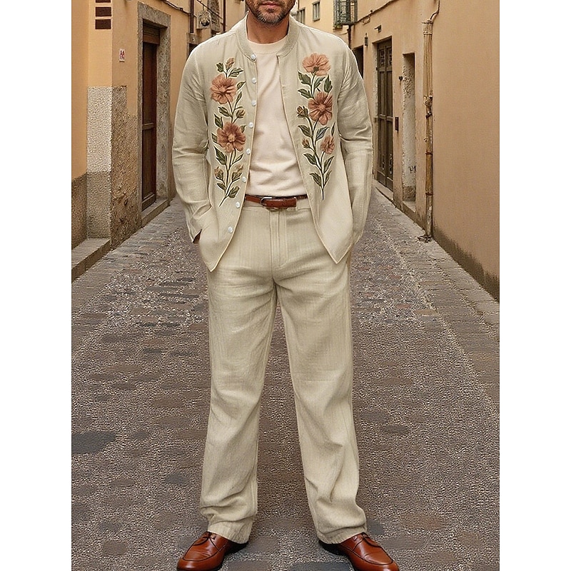 Men's Lightweight Jacket Casual Jacket Set Vacation Daily Breathable Embroidery 2 Piece Spring Fall Floral Fashion Classic Stand Collar Regular Yellow Blue Jacket4