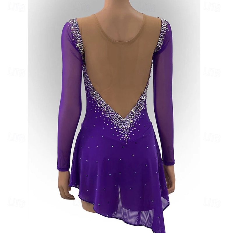 Figure Skating Dress Women's Girls' Ice Skating Dress Purple Open Back Asymmetric Hem Mesh High Elasticity Training Competition Skating Wear Classic Crystal / Rhinestone Long Sleeve Ice Skating Figure2