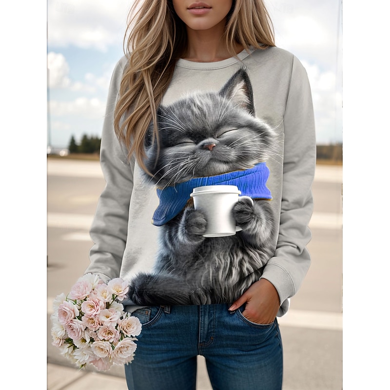 Women's Pullover Sweatshirt Graphic Animal Cat Casual Long Sleeve Crew Neck Regular Tops Street Casual Holiday Print Yellow Pink Red Blue Green Spring Fall Winter3