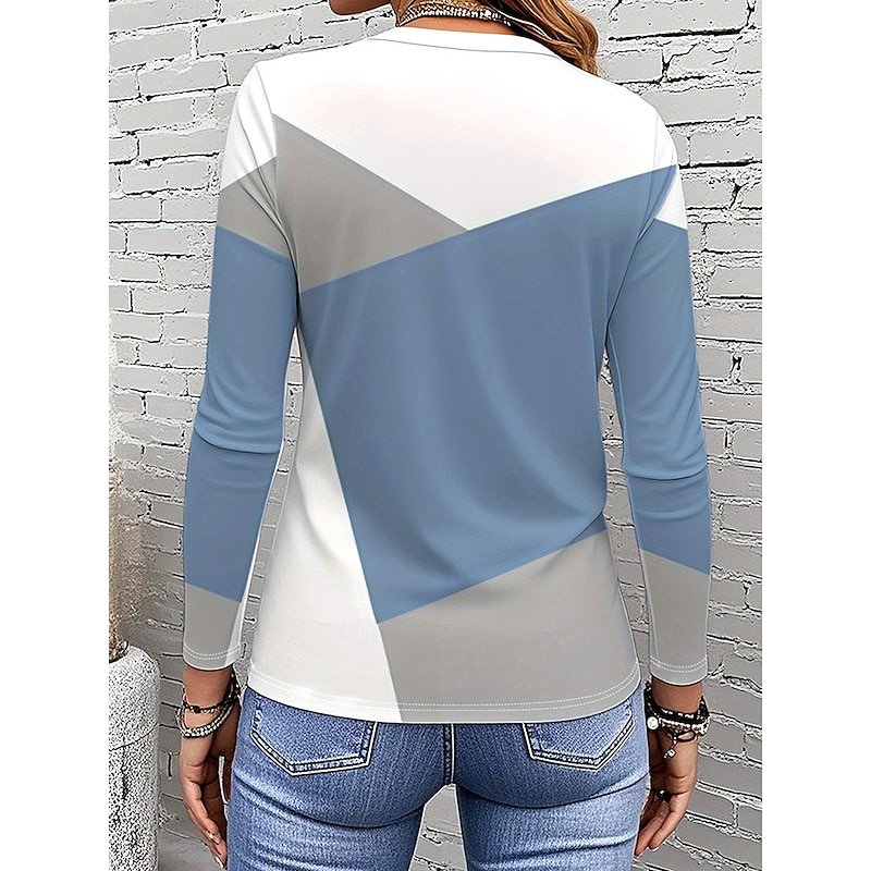 Women's T Shirt Graphic Geometric Color Block Vintage Stylish Classic Long Sleeve Crew Neck Round Neck Regular Tops Daily Print Light Blue Spring Fall Winter3
