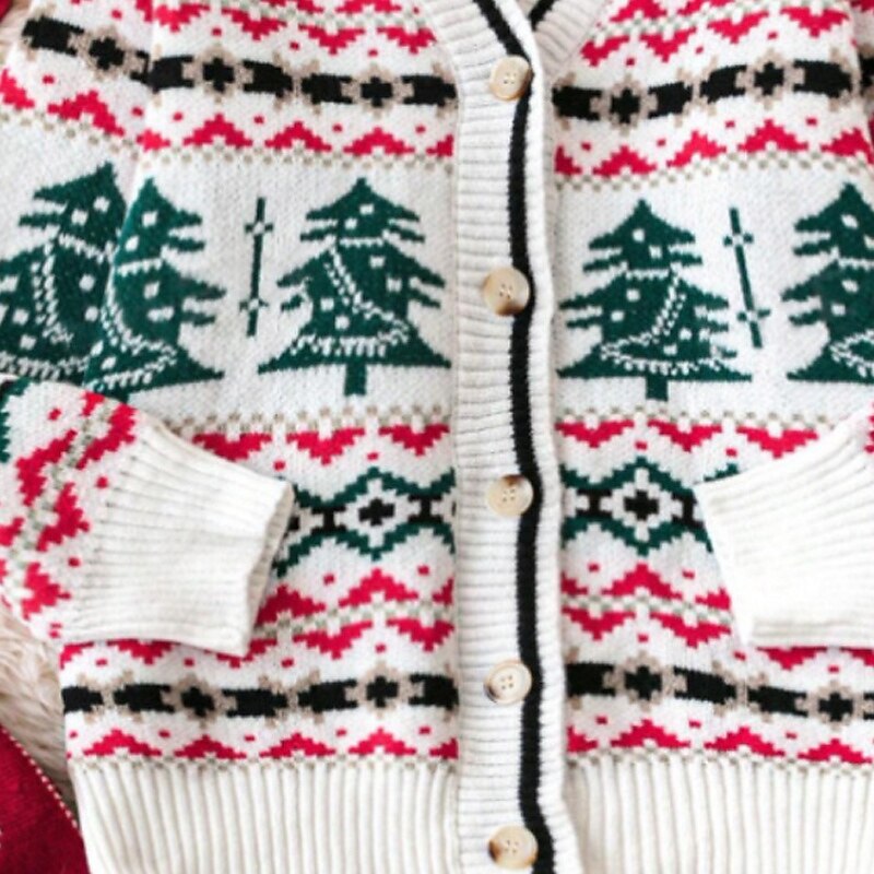 Women's Cardigan Casual Tree Ribbed V Neck Buttons Knitted Print Long Sleeve Regular Tops Knit Christmas Daily Going out White Winter3