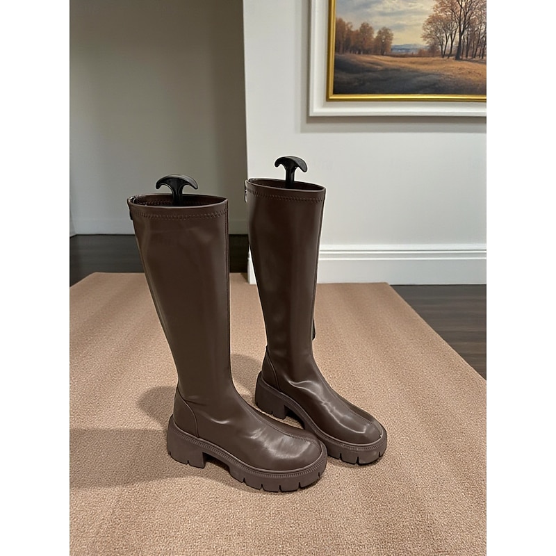Women's Mocha Brown Knee High Riding Boots with Chunky Lug Sole - Fashion Casual Shoes for Urban Street Style and Everyday Wear4