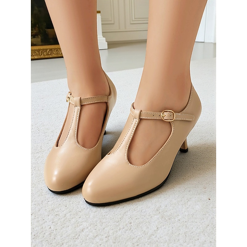 Women's Beige T-Strap Kitten Heel Pumps - 1950s Vintage Round Toe Dress Shoes for Autumn Winter Commute,Office Outfits and Elegant Vintage Tea Parties3
