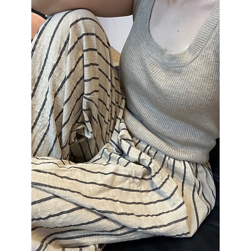 Women's Linen Blend Culottes Wide Leg Vacation Vintage Ethnic Style Full Length Mid Waist Striped Stripe Comfortable Breathable Inelastic Vacation Home Daily Beige Grey Summer Spring Fall Loose Fit4