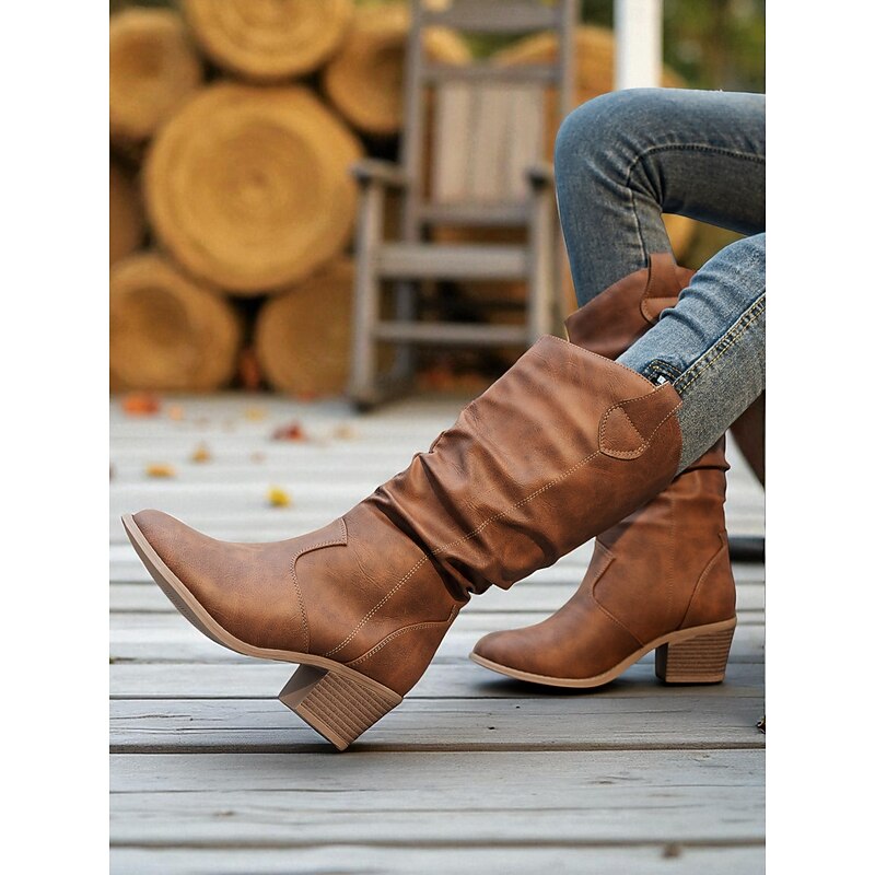 Women's Brown Slouchy Mid-Calf Boots – Chunky Heel Western-Style Boots for Fall Fashion, Outdoor Events and Casual Days4