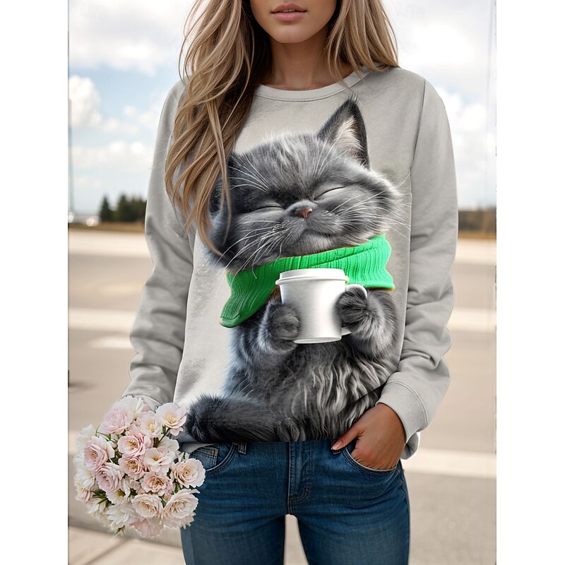 Women's Pullover Sweatshirt Graphic Animal Cat Casual Long Sleeve Crew Neck Regular Tops Street Casual Holiday Print Yellow Pink Red Blue Green Spring Fall Winter4