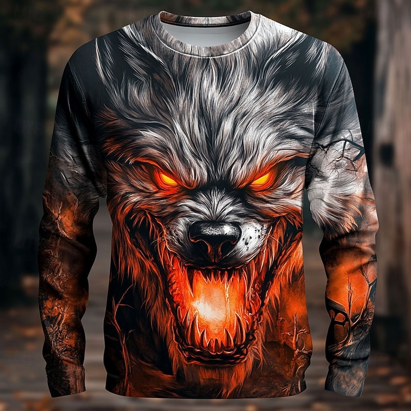 Halloween Men's 3D Werewolf T Shirt Long Sleeve T shirt 3D Print Crew Neck Shirt Fashion Exaggerated Street Casual Daily Red Blue Purple Summer Spring Fall Clothing Apparel S M L XL XXL XXXL