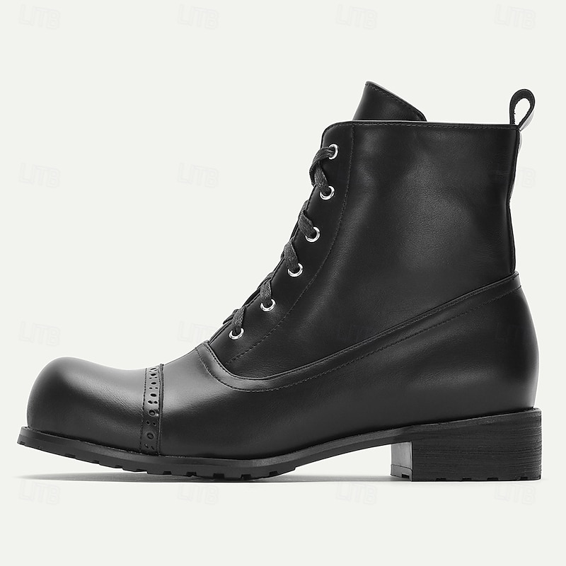 Men's Black Lace-Up Combat Boots Genuine Leather Rugged Military Style Casual Fashion Shoes for Outdoor and Halloween Costume4
